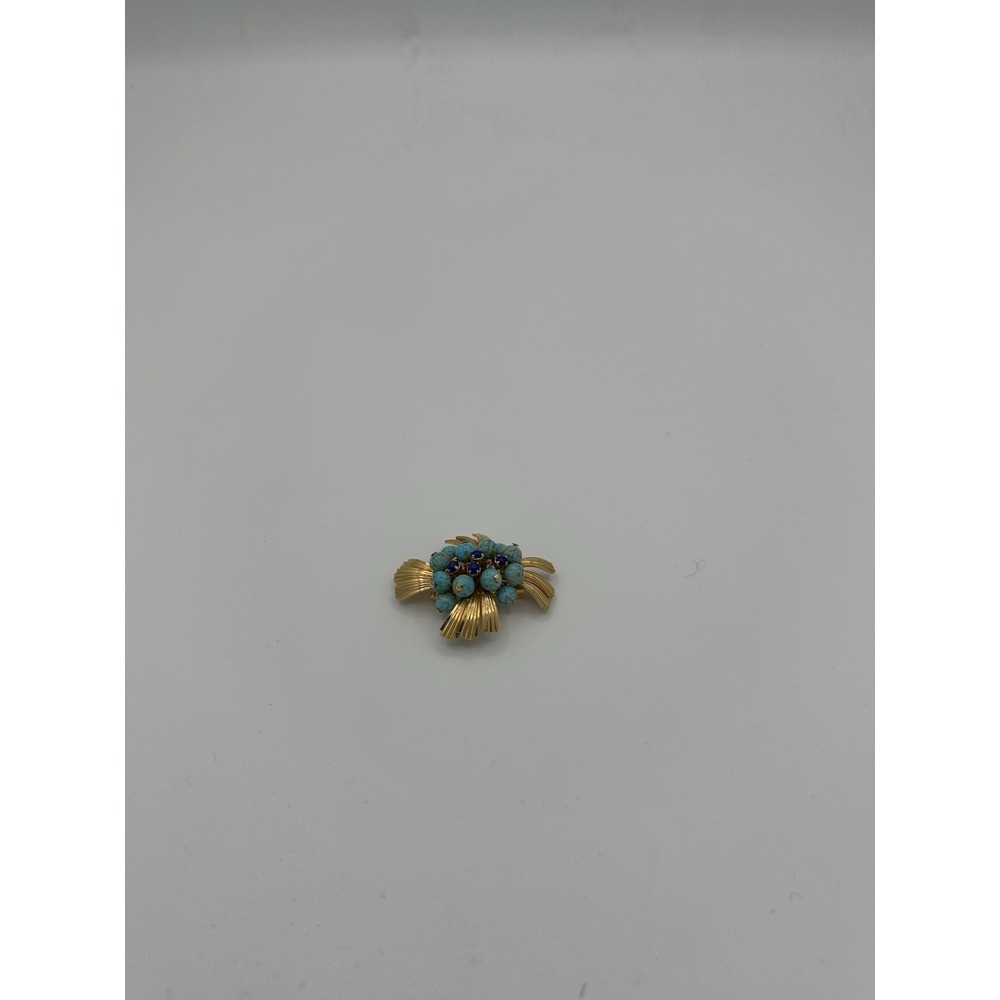 Brooch‎ 1940s Gold Color and Turquoise Matrix 3D Effect - Picture 2 of 6
